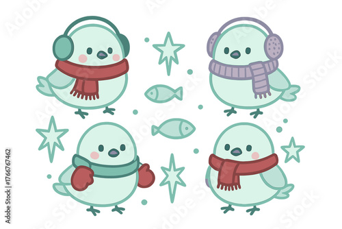Charming baby birds dressed in cozy winter accessories for seasonal design