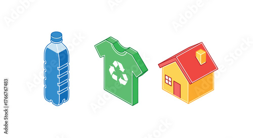 Eco-friendly icons: isometric designs of recycle shirt, plastic bottle, sustainable house