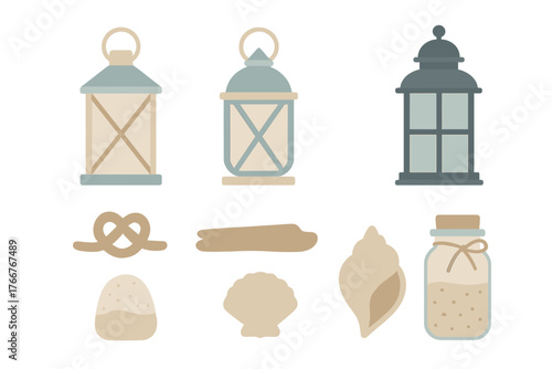 Set of decorative nautical elements including lanterns, shells, and rope