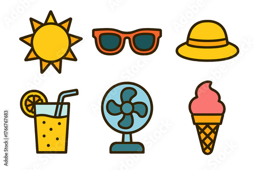 Colorful icon set representing summer vacation essentials and heat relief objects