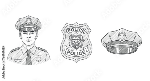 Hand-drawn police officer portrait, badge, and cap in sketch style