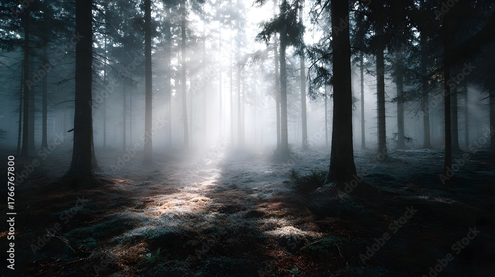 Fototapeta premium Sunlight streams through fog in a dark mysterious forest landscape