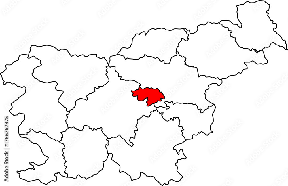 Obraz premium Detailed vector map of Slovenia highlighting Zasavska (Central Sava Statistical Region), a Central Eastern Slovenia territory centered on Trbovlje, known as the smallest region
