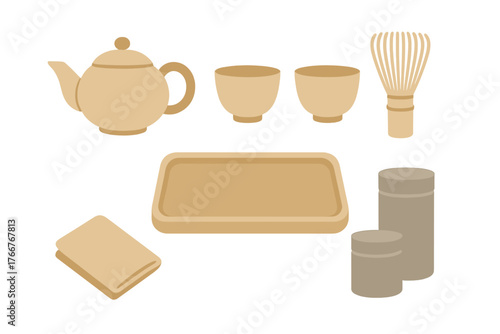 Essential traditional Japanese matcha tea ceremony utensils set isolated on white