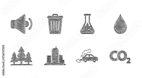 Hand-drawn eco symbols: recycling, emission, and nature sketch icons set
