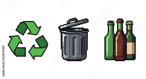 Pixel art icons of recycling, trash bin, and glass bottles for environmental awareness