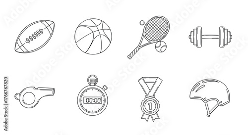 Minimalist sports icon set featuring ball games and fitness equipment in linear style