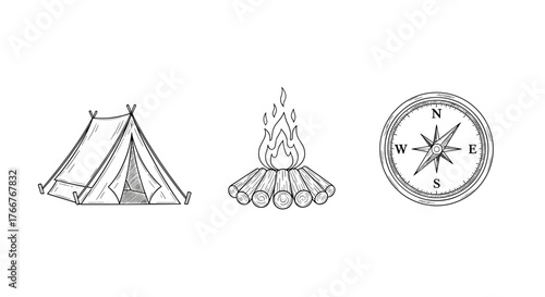 Hand drawn camping icons: tent, campfire, compass for outdoor adventures