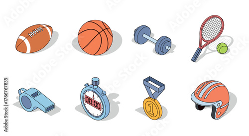 Set of colorful sports equipment in isometric style for fitness and recreation