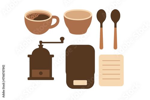Essential coffee brewing equipment set with cups and grinder