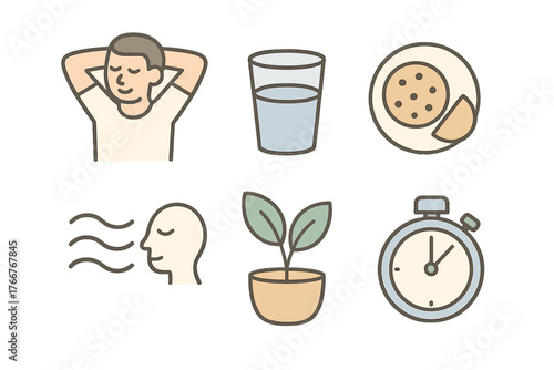 Collection of simple icons for healthy lifestyle habits and daily self-care activities