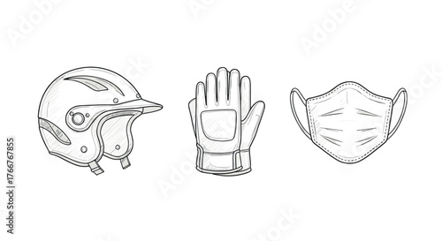 Hand-drawn motorcycle helmet, glove, and face mask set in sketch style