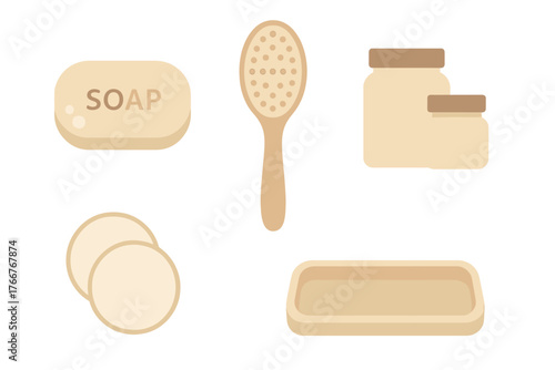 Beige icons for bathroom hygiene and spa relaxation accessories