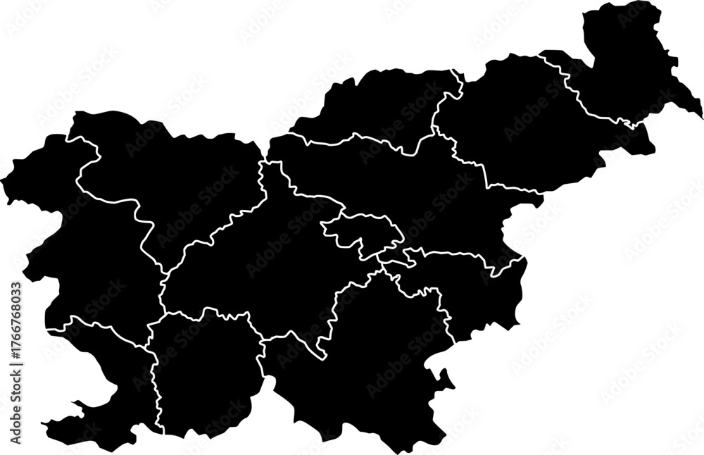 Obraz premium Black vector political map of Slovenia national outline with all 12 statistical regions internal boundaries, filled with a solid black color, presented as a map of the Central European country.