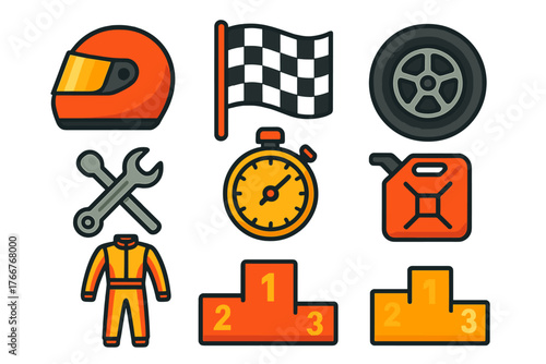 Collection of colorful racing and motorsport equipment icons