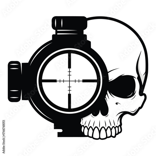 A graphic design featuring a skull combined with a sniper scope isolated on white background, creating a bold and edgy image
