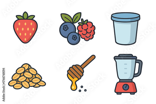 Flat icons of fruit, ingredients, and appliance for making a healthy breakfast shake