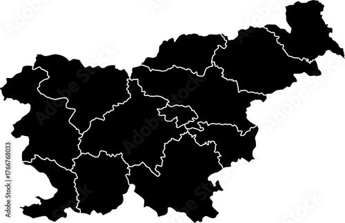 Black vector political map of Slovenia national outline with all 12 statistical regions internal boundaries, filled with a solid black color, presented as a map of the Central European country.