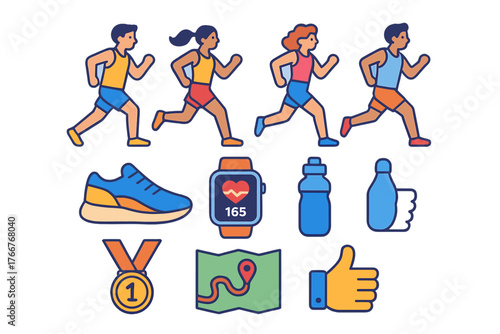 Set of running sport icons featuring athletes gear and fitness tracking elements