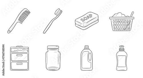Hand drawn outline icons of bathroom and cleaning essentials
