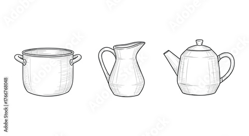 Hand drawn kitchenware: pot, jug, and teapot sketch
