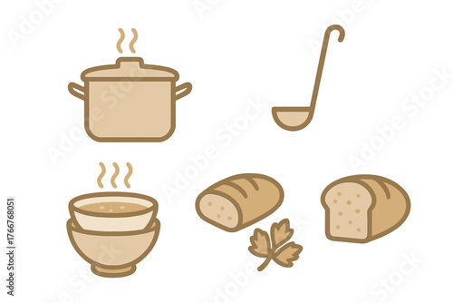 Hot soup and bread icons set with cooking pot and ladle