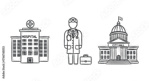 Sketch style hospital and city hall with doctor icon