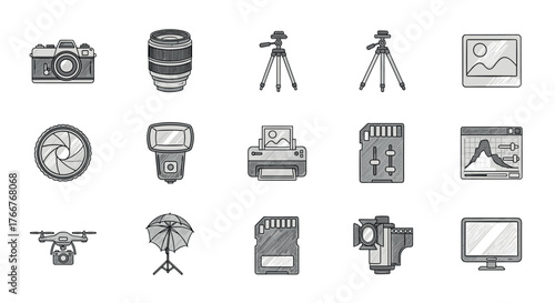 Photography equipment icons in sketch style featuring cameras and editing tools