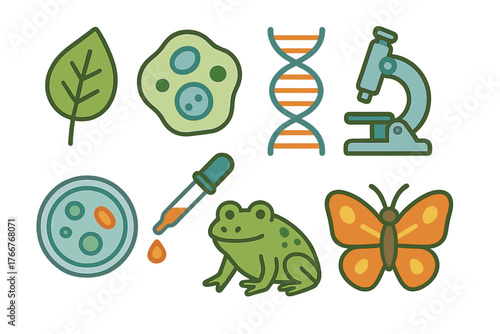 Laboratory Equipment and Biological Organisms Flat Icons Set