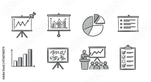 Hand-drawn business presentation icons: charts, graphs, and diagrams