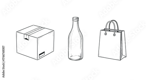 Hand-drawn packaging items featuring cardboard box, glass bottle, and paper bag