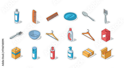 Isometric icons of everyday household items including cutlery, toiletries, and packaging