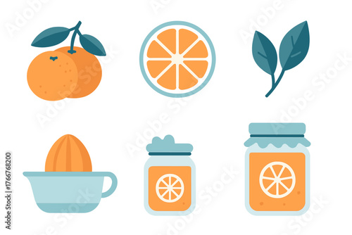 Set of citrus fruit and jam making icons featuring juicer and orange slice