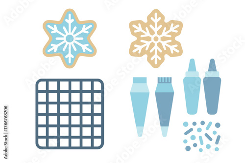 Festive cookie decorating supplies featuring snowflake shapes for winter holidays