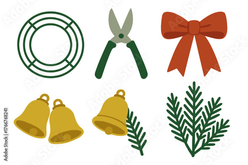 Festive Christmas wreath components with decorative bells and ribbon