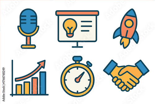 Business startup concept icons set featuring presentation rocket chart stopwatch and handshake