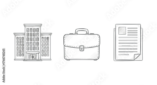 Hand drawn office icon set: building, briefcase, document outline illustration