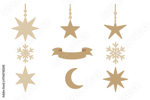 Hanging Celestial and Winter Holiday Ornaments with Blank Banner
