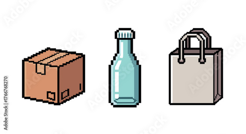 Pixel art packaging: box, glass bottle, and paper bag trio