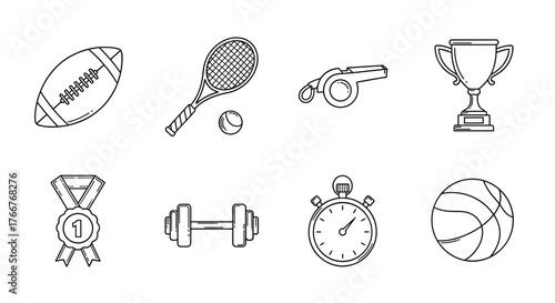 Outline icons of sports equipment and awards