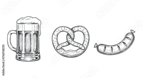 Hand drawn beer mug, pretzel, and sausage on white background