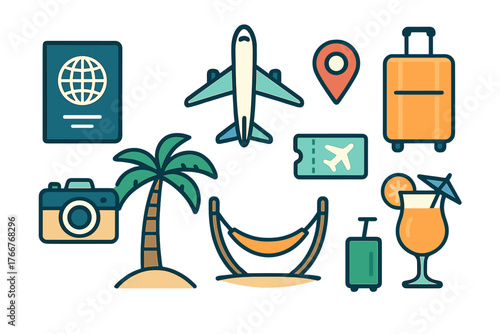 Set of tropical vacation and travel icons for summer holidays
