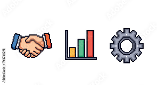 Pixel art: business icons featuring handshake, chart, and gear elements