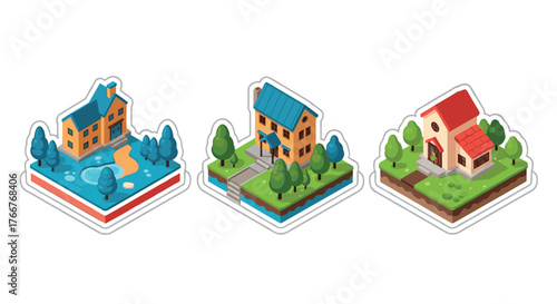 Isometric house designs with gardens and pool on sticker-style platforms