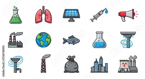 Environmental icons set: energy, pollution, health, science, sustainability