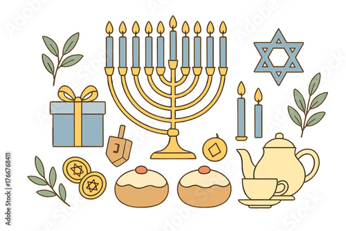 Set of simple icons for Hanukkah celebration featuring menorah and traditional food items
