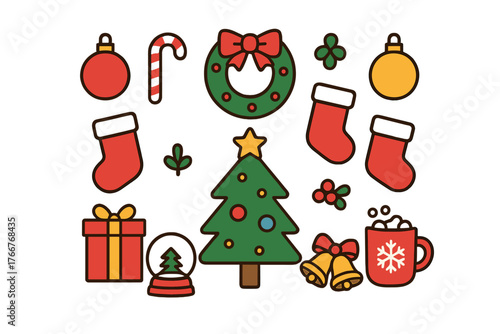 Colorful flat Christmas holiday icons and symbols assortment