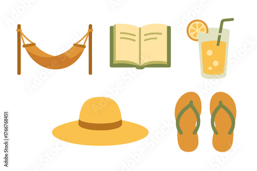 Set of summer vacation relaxation icons featuring hammock book drink and sun hat