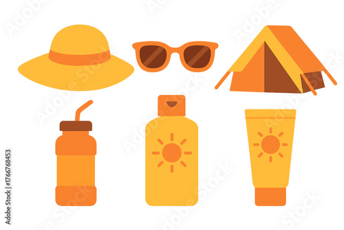 Essential summer vacation travel accessories and sun protection gear icons