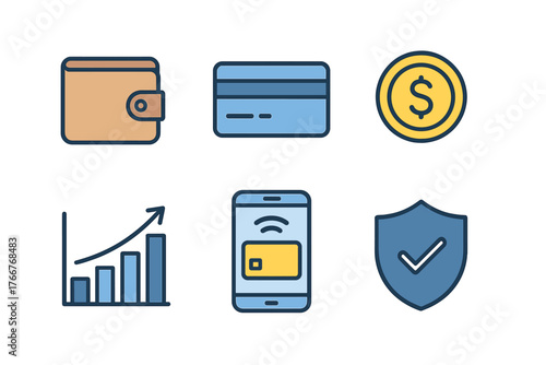 Set of financial services icons featuring wallet credit card coin graph mobile payment and security